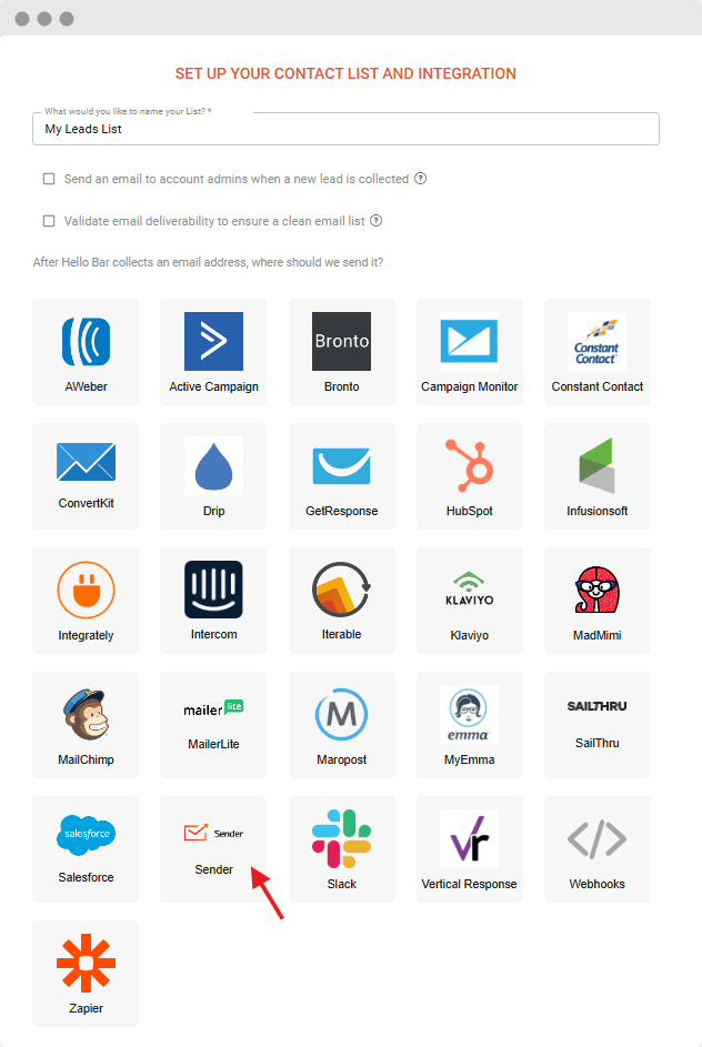 Sender 13 Hello Bar Sender Integration